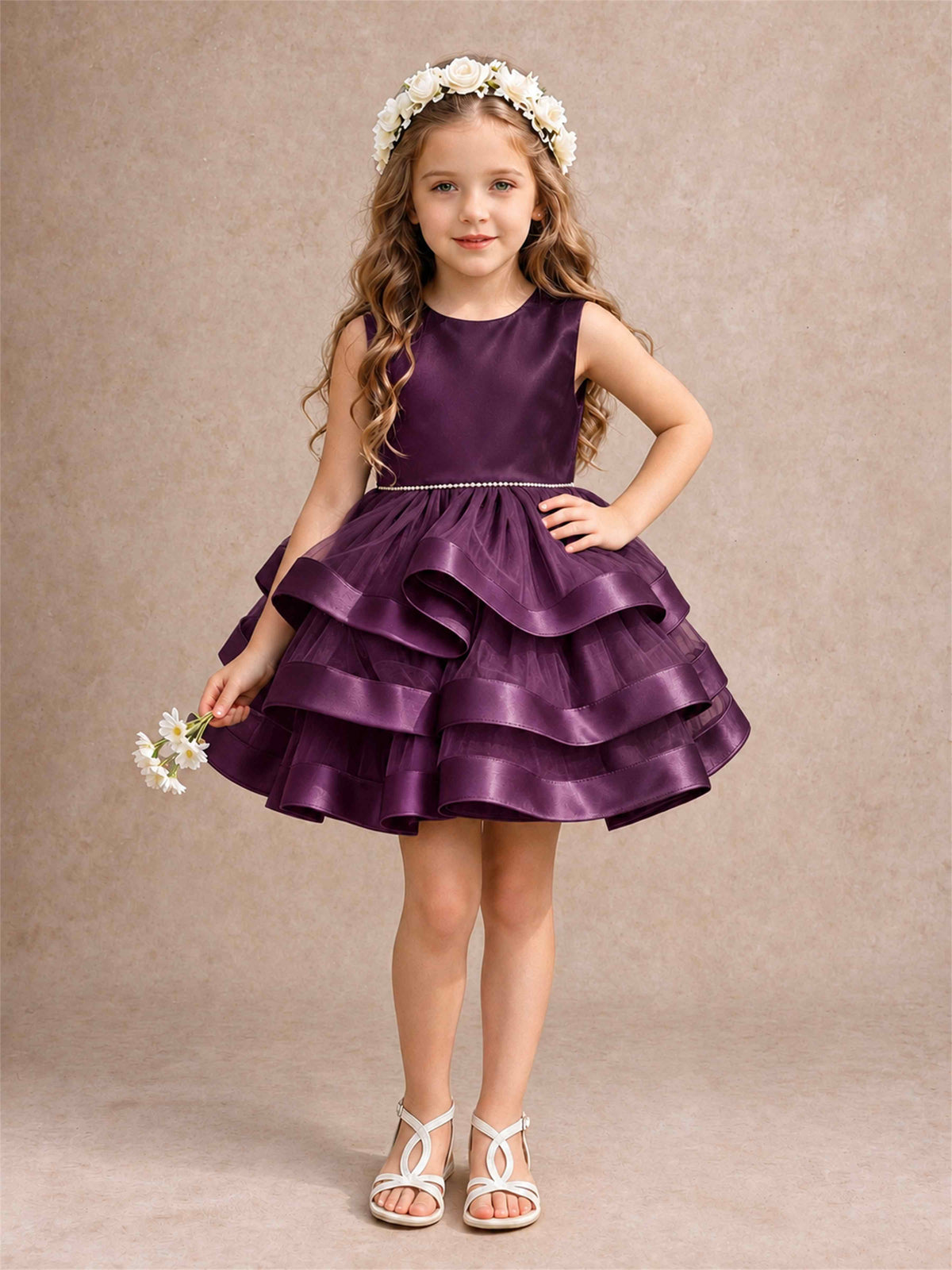 Satin Tulle Flower Girl Dress Tiered Ruffle Skirt Pearl Waist Back Bow Wedding Gown