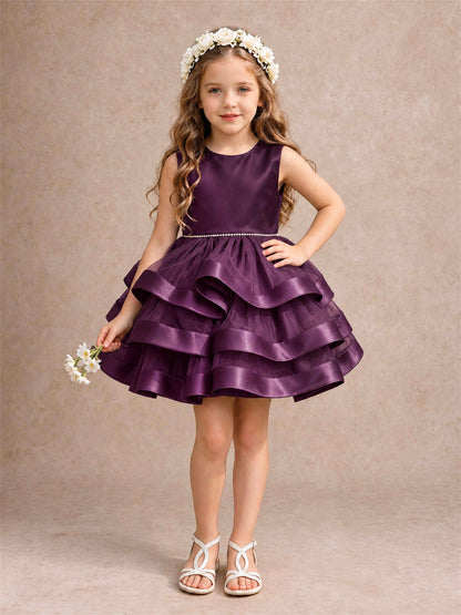 Satin Tulle Flower Girl Dress Tiered Ruffle Skirt Pearl Waist Back Bow Wedding Gown