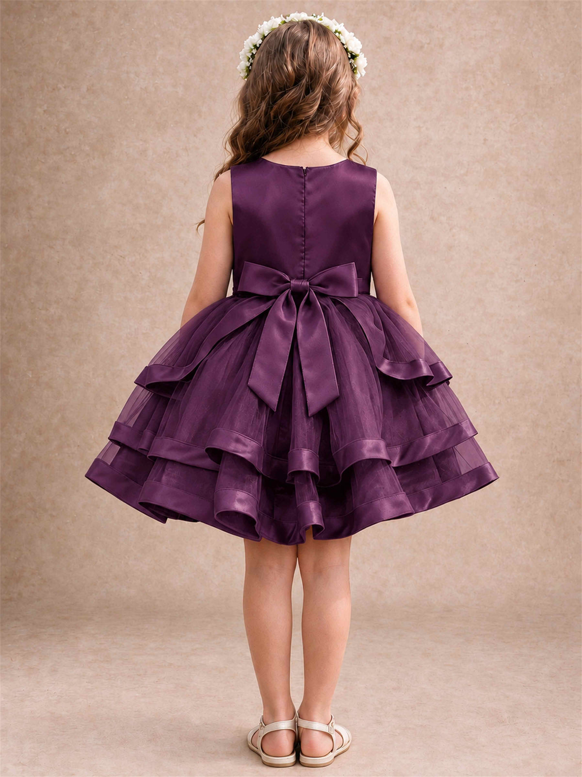 Satin Tulle Flower Girl Dress Tiered Ruffle Skirt Pearl Waist Back Bow Wedding Gown
