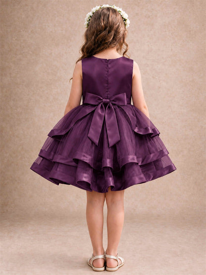 Satin Tulle Flower Girl Dress Tiered Ruffle Skirt Pearl Waist Back Bow Wedding Gown