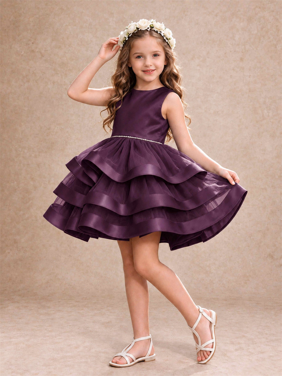 Satin Tulle Flower Girl Dress Tiered Ruffle Skirt Pearl Waist Back Bow Wedding Gown