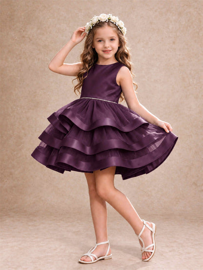 Satin Tulle Flower Girl Dress Tiered Ruffle Skirt Pearl Waist Back Bow Wedding Gown