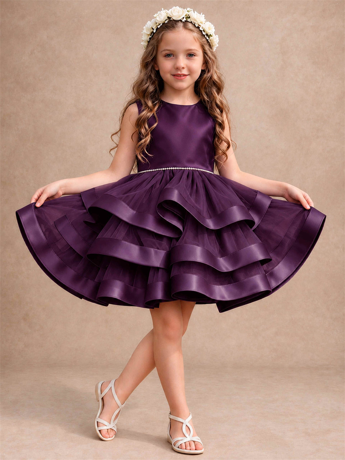 Satin Tulle Flower Girl Dress Tiered Ruffle Skirt Pearl Waist Back Bow Wedding Gown