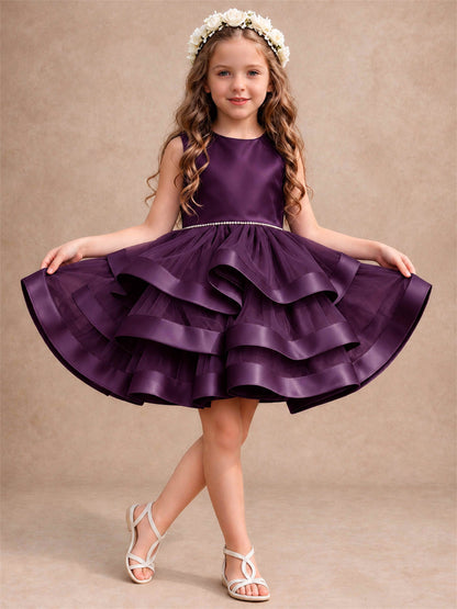 Satin Tulle Flower Girl Dress Tiered Ruffle Skirt Pearl Waist Back Bow Wedding Gown