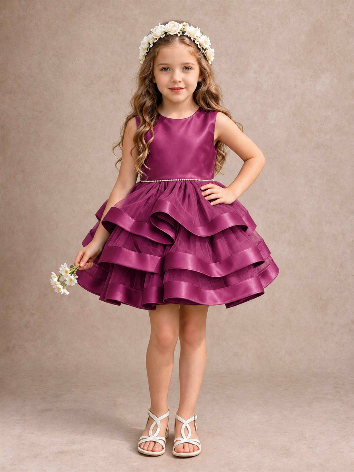 Satin Tulle Flower Girl Dress Tiered Ruffle Skirt Pearl Waist Back Bow Wedding Gown