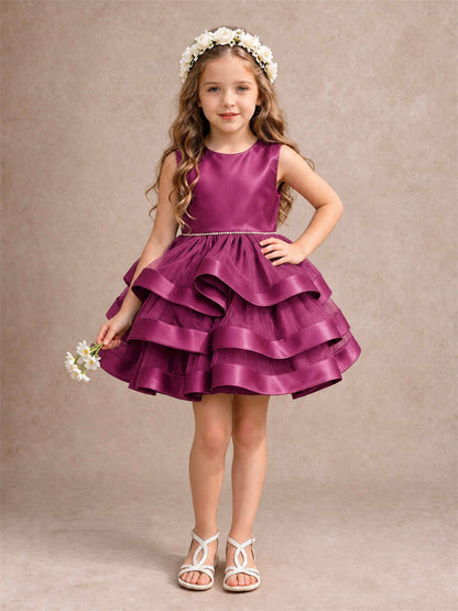 Satin Tulle Flower Girl Dress Tiered Ruffle Skirt Pearl Waist Back Bow Wedding Gown