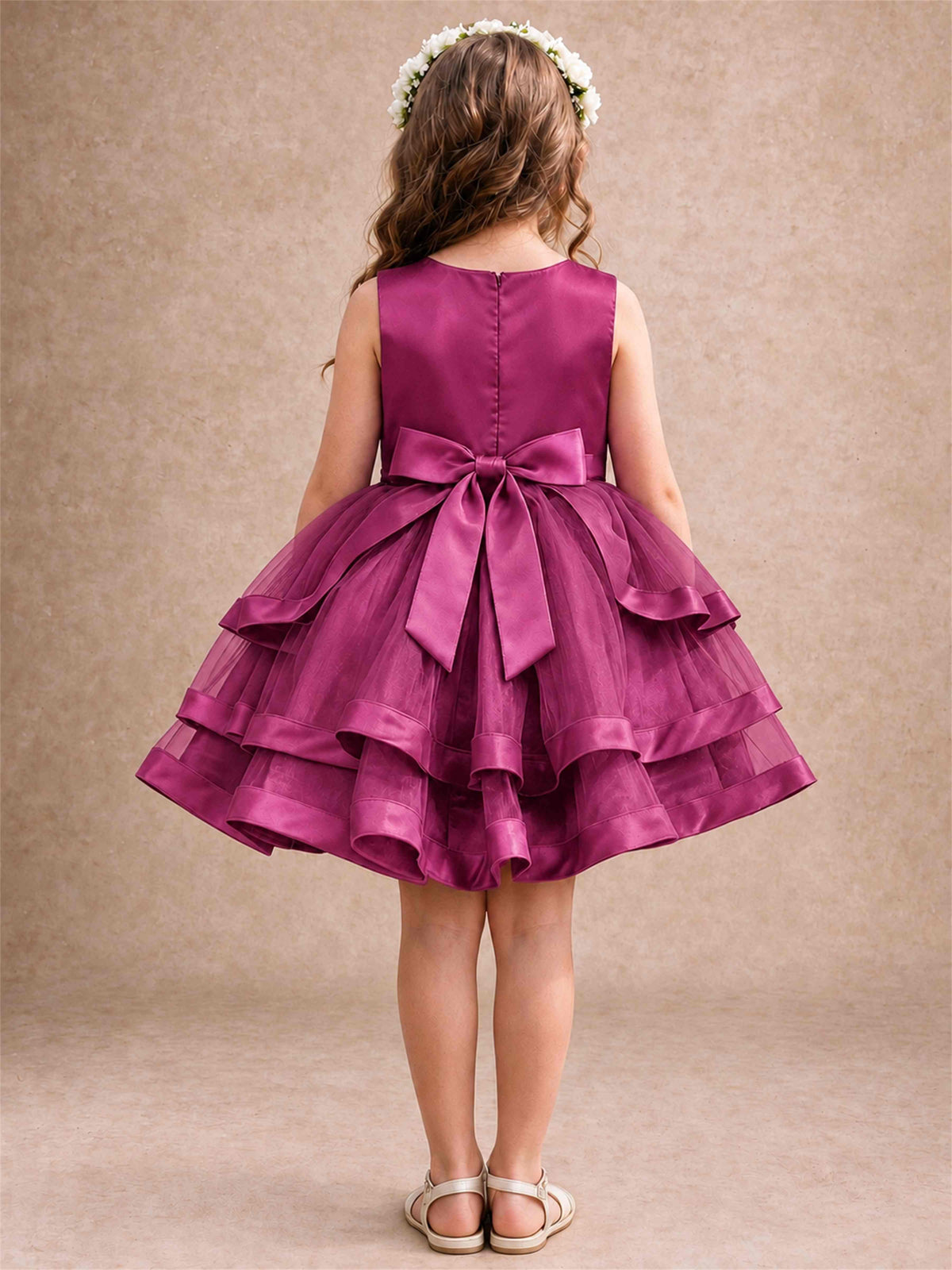 Satin Tulle Flower Girl Dress Tiered Ruffle Skirt Pearl Waist Back Bow Wedding Gown