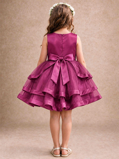 Satin Tulle Flower Girl Dress Tiered Ruffle Skirt Pearl Waist Back Bow Wedding Gown