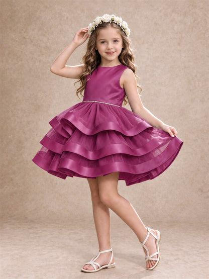 Satin Tulle Flower Girl Dress Tiered Ruffle Skirt Pearl Waist Back Bow Wedding Gown