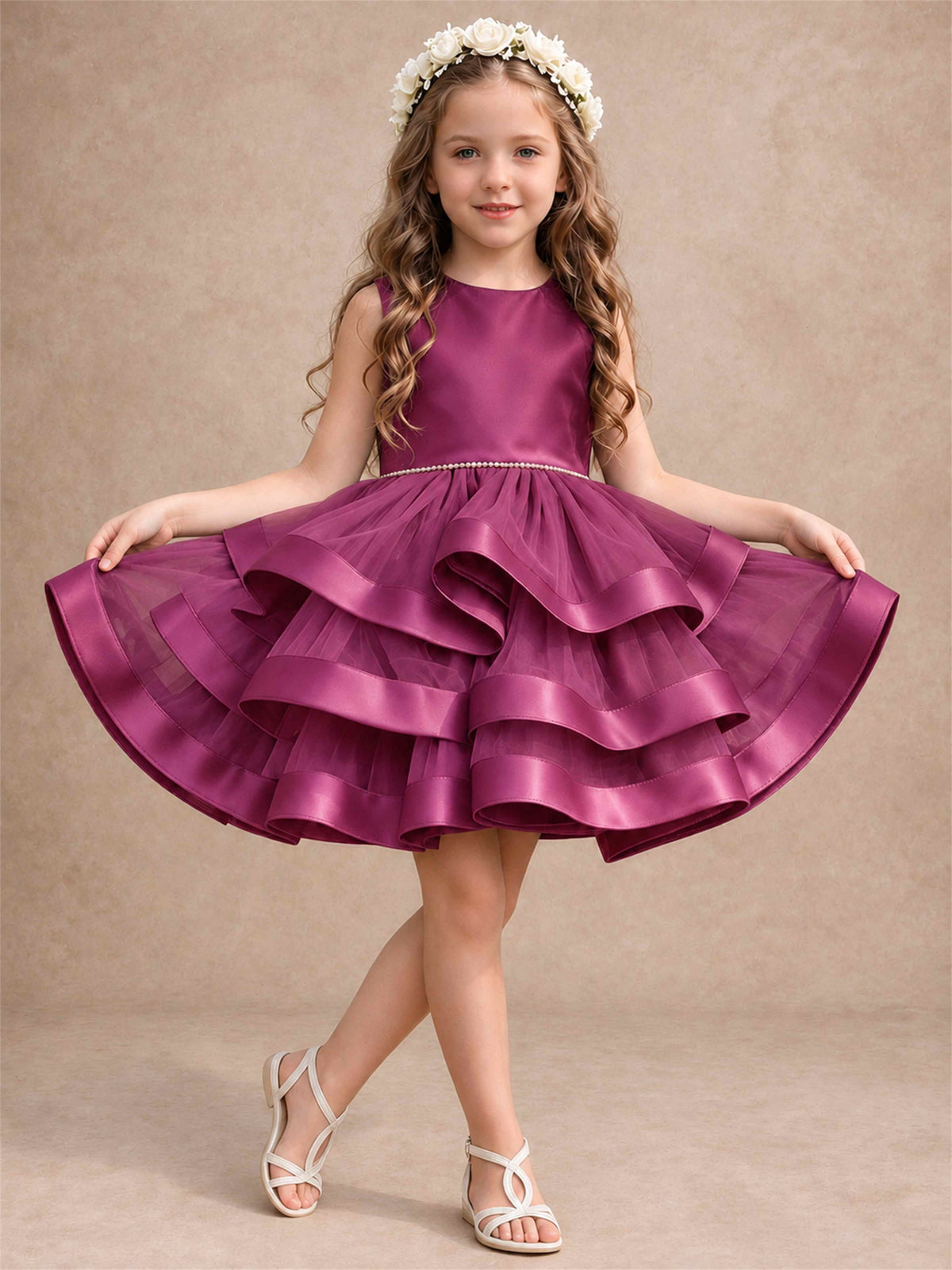 Satin Tulle Flower Girl Dress Tiered Ruffle Skirt Pearl Waist Back Bow Wedding Gown