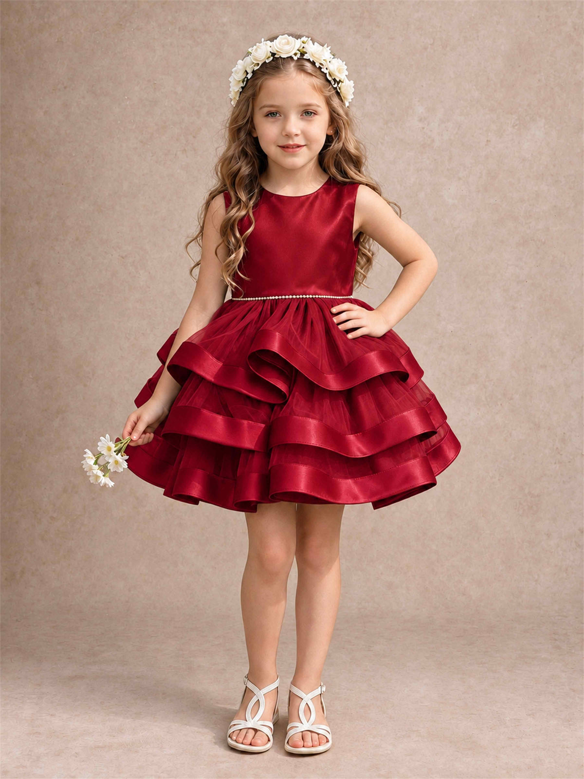 Satin Tulle Flower Girl Dress Tiered Ruffle Skirt Pearl Waist Back Bow Wedding Gown