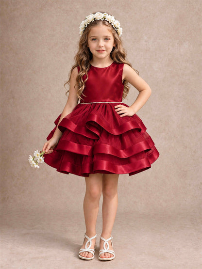 Satin Tulle Flower Girl Dress Tiered Ruffle Skirt Pearl Waist Back Bow Wedding Gown