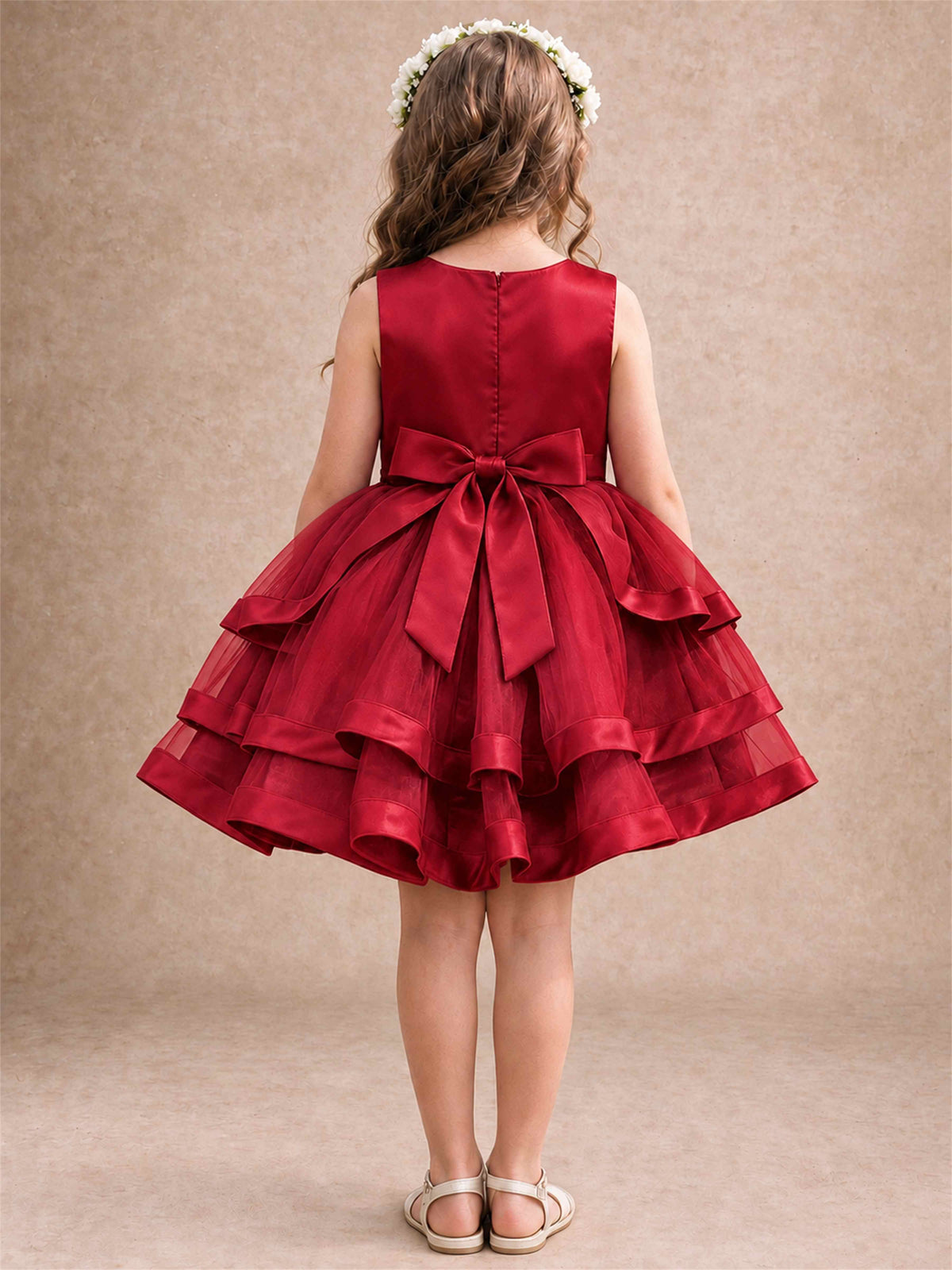 Satin Tulle Flower Girl Dress Tiered Ruffle Skirt Pearl Waist Back Bow Wedding Gown