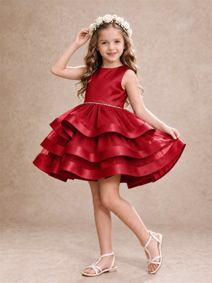 Satin Tulle Flower Girl Dress Tiered Ruffle Skirt Pearl Waist Back Bow Wedding Gown