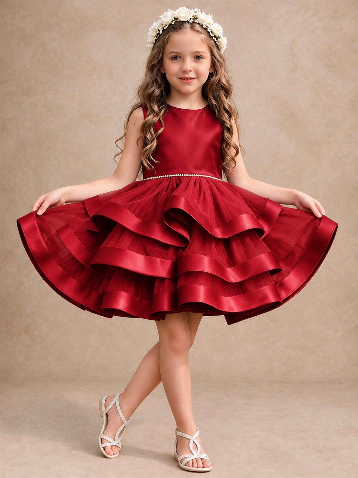 Satin Tulle Flower Girl Dress Tiered Ruffle Skirt Pearl Waist Back Bow Wedding Gown