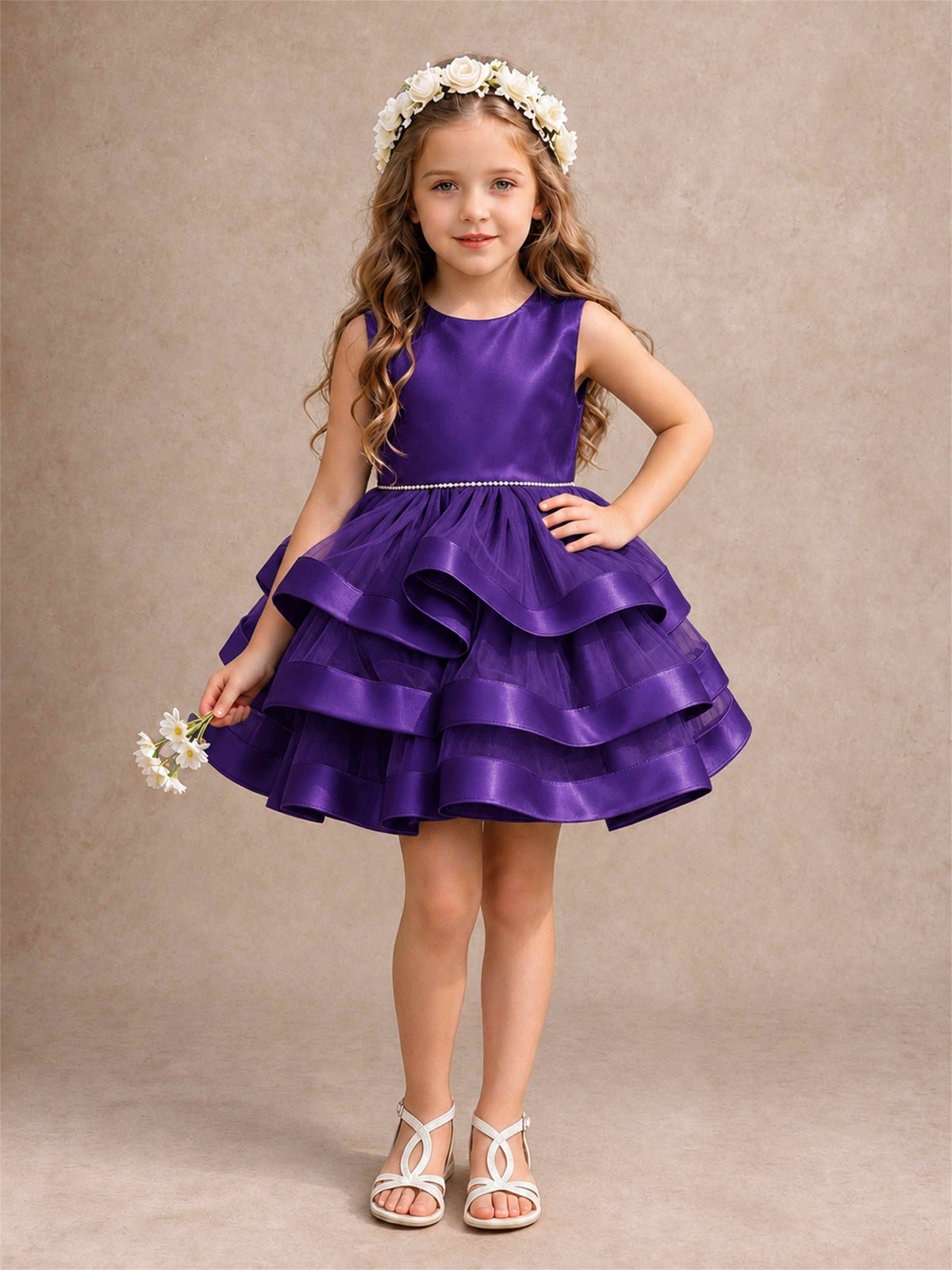 Satin Tulle Flower Girl Dress Tiered Ruffle Skirt Pearl Waist Back Bow Wedding Gown