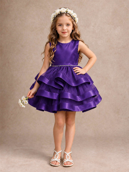 Satin Tulle Flower Girl Dress Tiered Ruffle Skirt Pearl Waist Back Bow Wedding Gown
