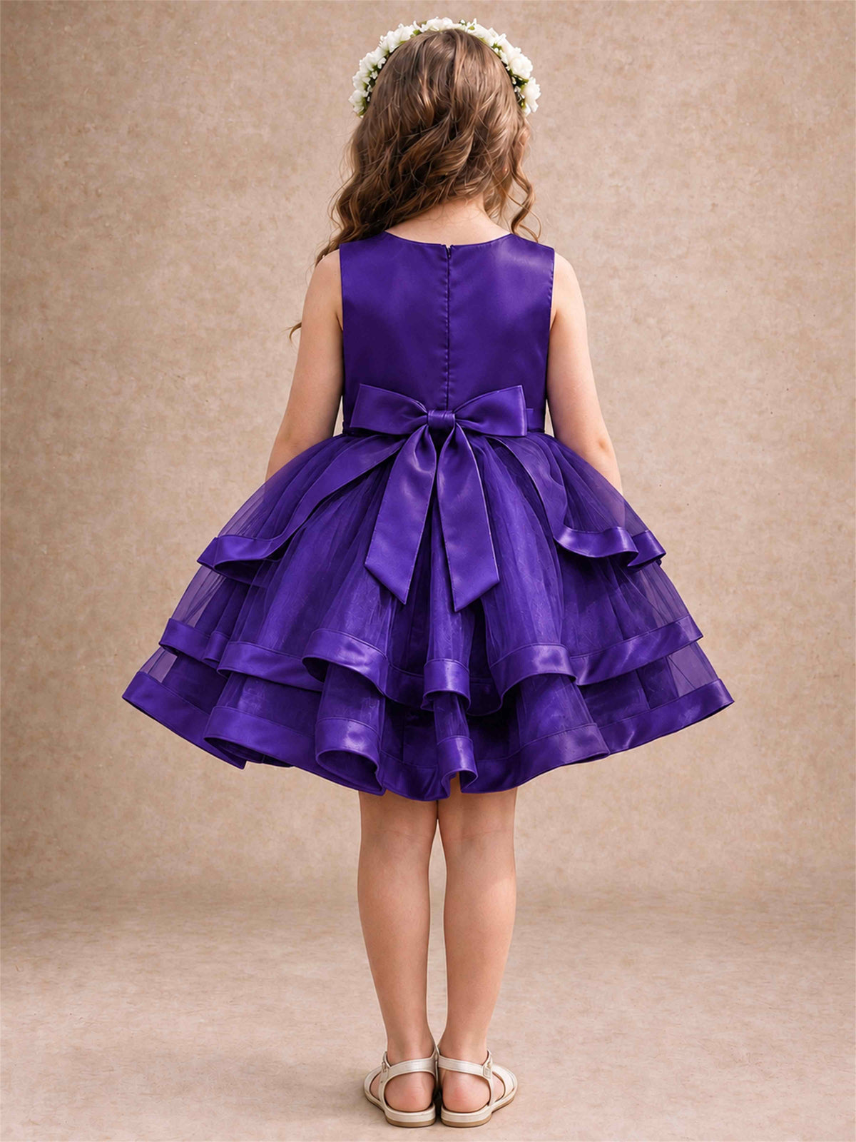 Satin Tulle Flower Girl Dress Tiered Ruffle Skirt Pearl Waist Back Bow Wedding Gown
