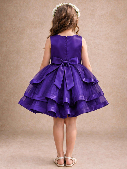 Satin Tulle Flower Girl Dress Tiered Ruffle Skirt Pearl Waist Back Bow Wedding Gown