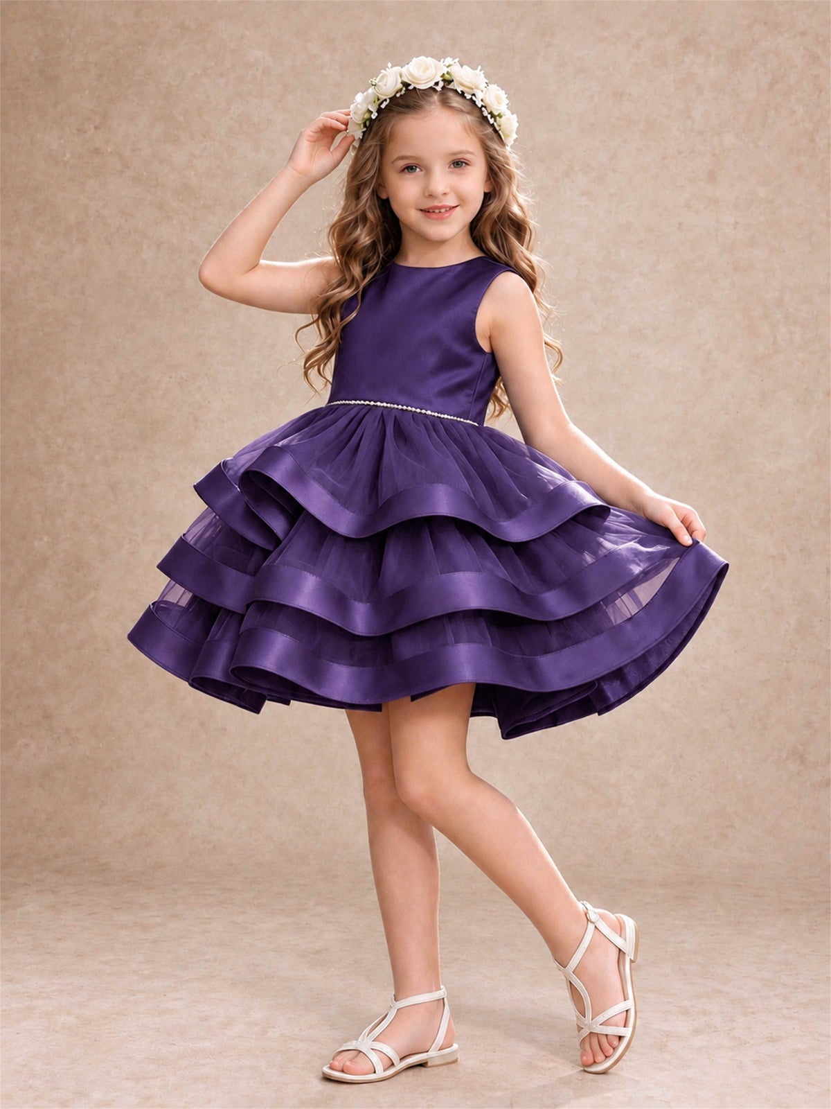 Satin Tulle Flower Girl Dress Tiered Ruffle Skirt Pearl Waist Back Bow Wedding Gown