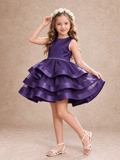 Satin Tulle Flower Girl Dress Tiered Ruffle Skirt Pearl Waist Back Bow Wedding Gown