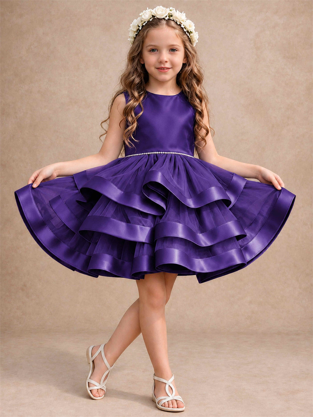 Satin Tulle Flower Girl Dress Tiered Ruffle Skirt Pearl Waist Back Bow Wedding Gown