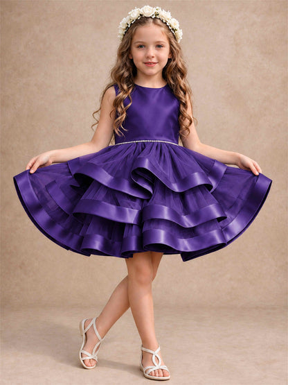 Satin Tulle Flower Girl Dress Tiered Ruffle Skirt Pearl Waist Back Bow Wedding Gown