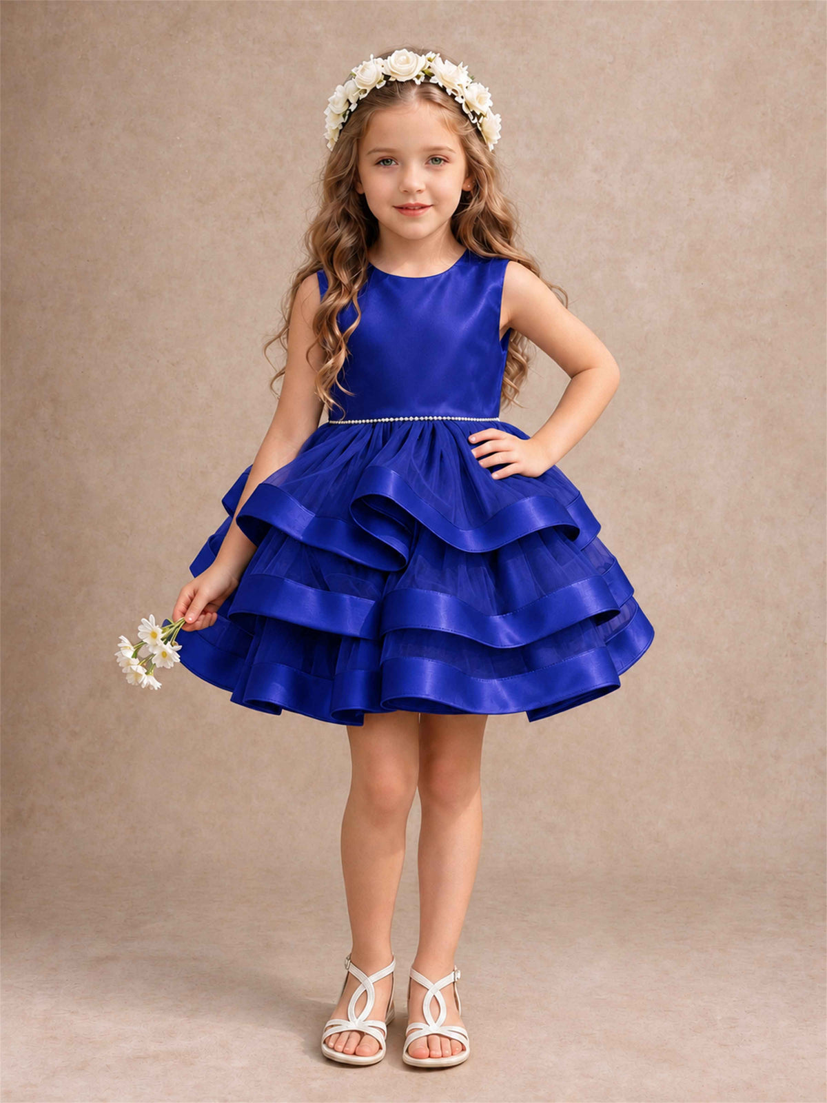 Satin Tulle Flower Girl Dress Tiered Ruffle Skirt Pearl Waist Back Bow Wedding Gown