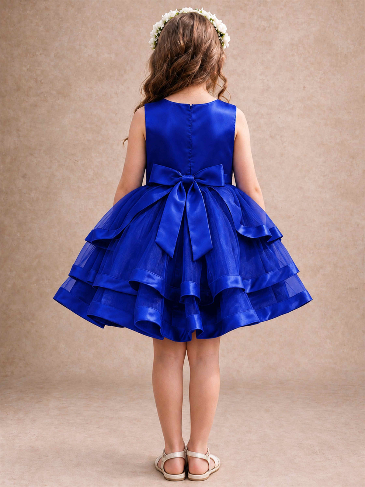 Satin Tulle Flower Girl Dress Tiered Ruffle Skirt Pearl Waist Back Bow Wedding Gown