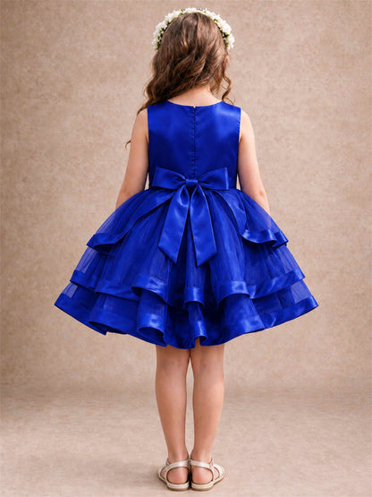 Satin Tulle Flower Girl Dress Tiered Ruffle Skirt Pearl Waist Back Bow Wedding Gown
