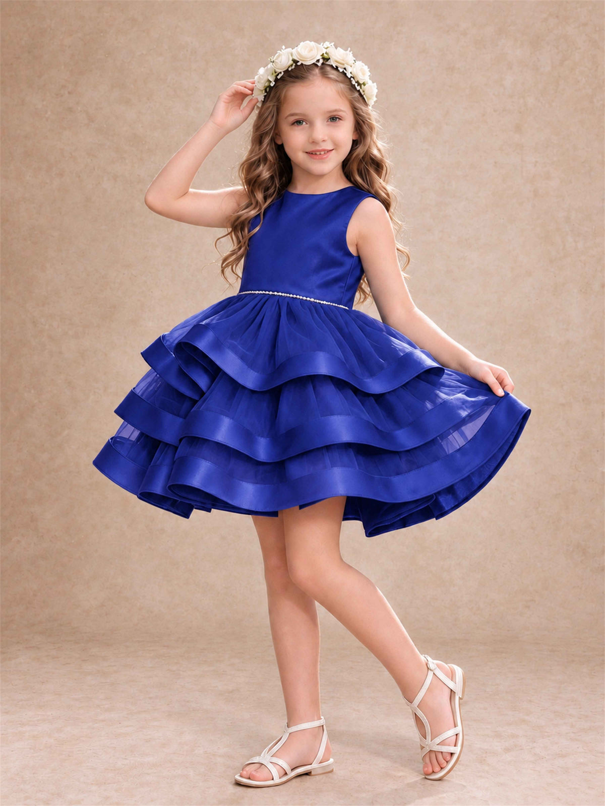 Satin Tulle Flower Girl Dress Tiered Ruffle Skirt Pearl Waist Back Bow Wedding Gown