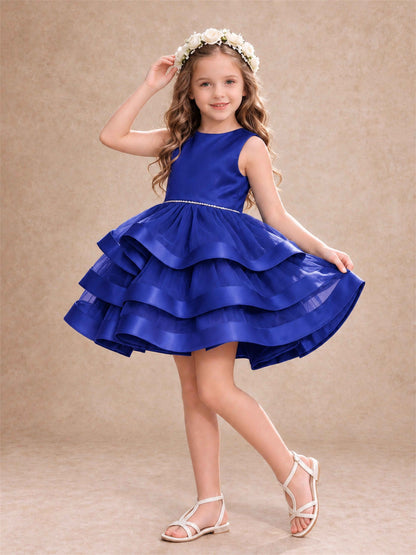 Satin Tulle Flower Girl Dress Tiered Ruffle Skirt Pearl Waist Back Bow Wedding Gown