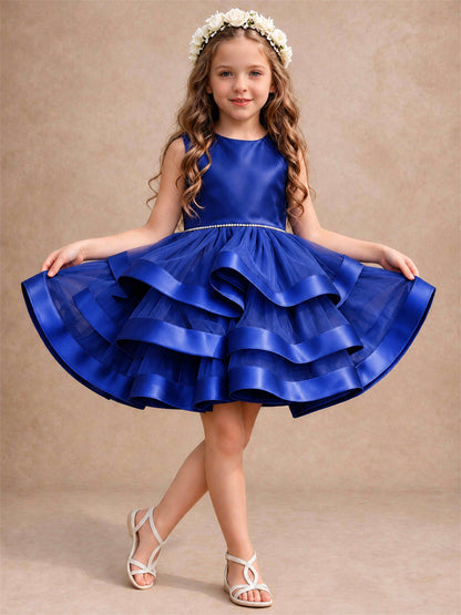 Satin Tulle Flower Girl Dress Tiered Ruffle Skirt Pearl Waist Back Bow Wedding Gown