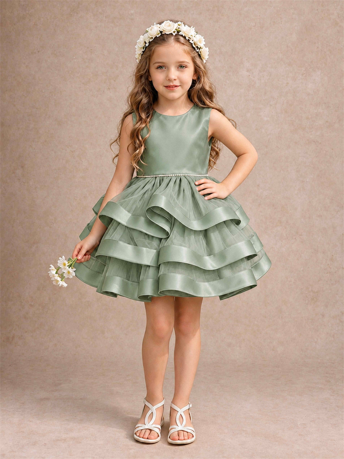 Satin Tulle Flower Girl Dress Tiered Ruffle Skirt Pearl Waist Back Bow Wedding Gown