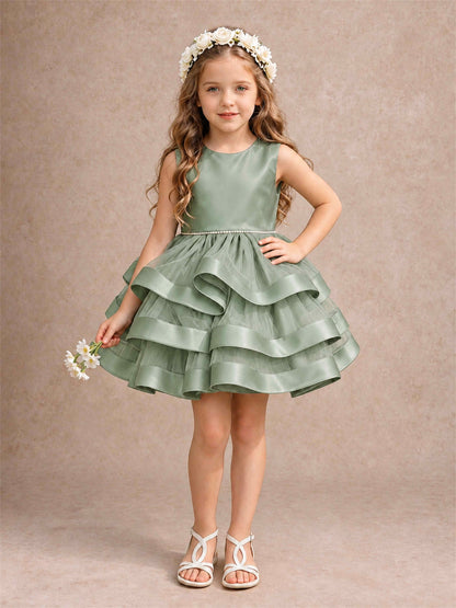 Satin Tulle Flower Girl Dress Tiered Ruffle Skirt Pearl Waist Back Bow Wedding Gown