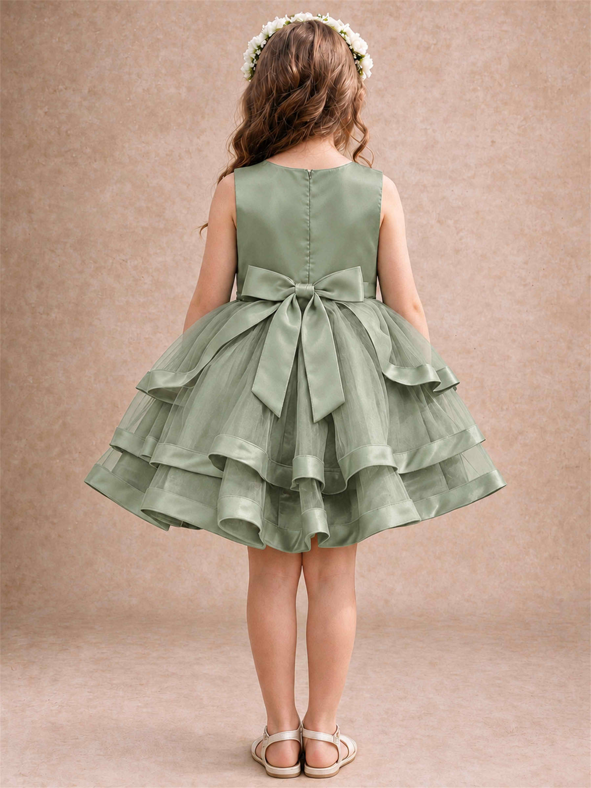 Satin Tulle Flower Girl Dress Tiered Ruffle Skirt Pearl Waist Back Bow Wedding Gown