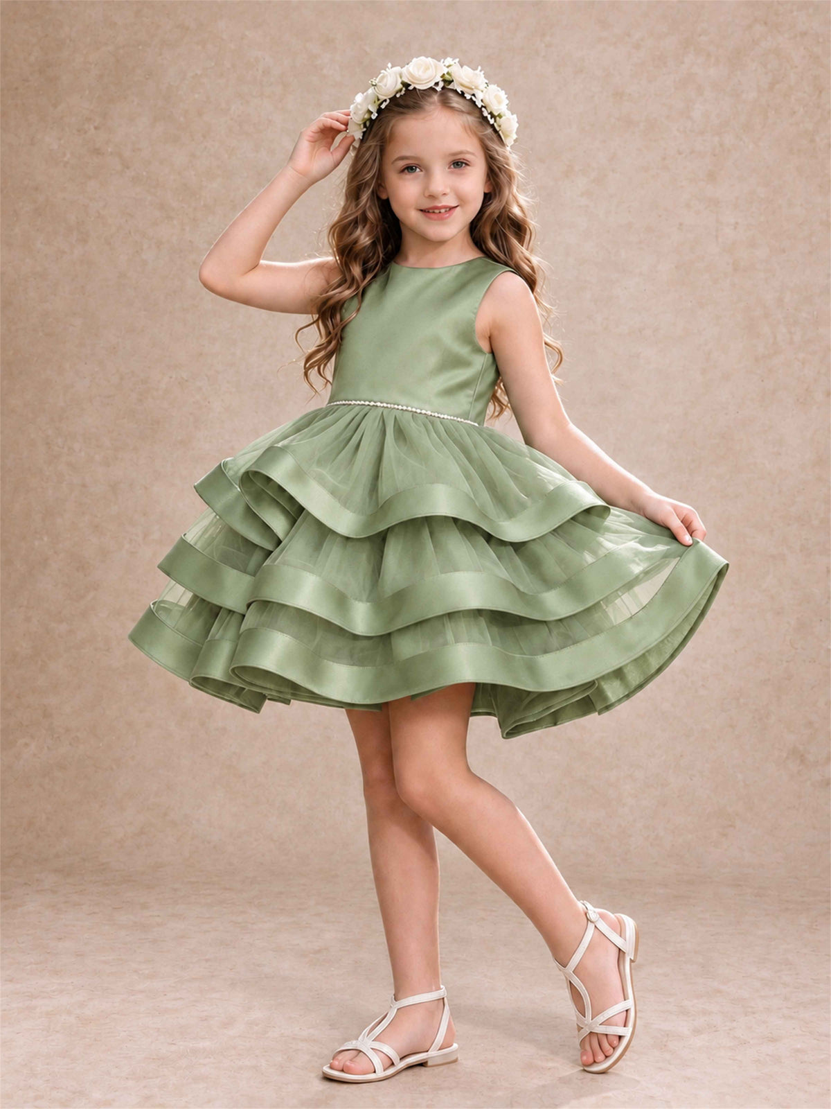 Satin Tulle Flower Girl Dress Tiered Ruffle Skirt Pearl Waist Back Bow Wedding Gown