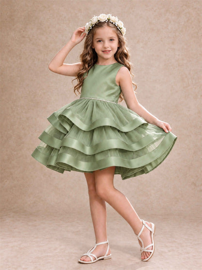 Satin Tulle Flower Girl Dress Tiered Ruffle Skirt Pearl Waist Back Bow Wedding Gown