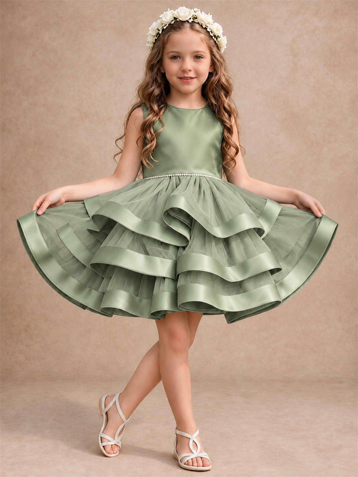 Satin Tulle Flower Girl Dress Tiered Ruffle Skirt Pearl Waist Back Bow Wedding Gown