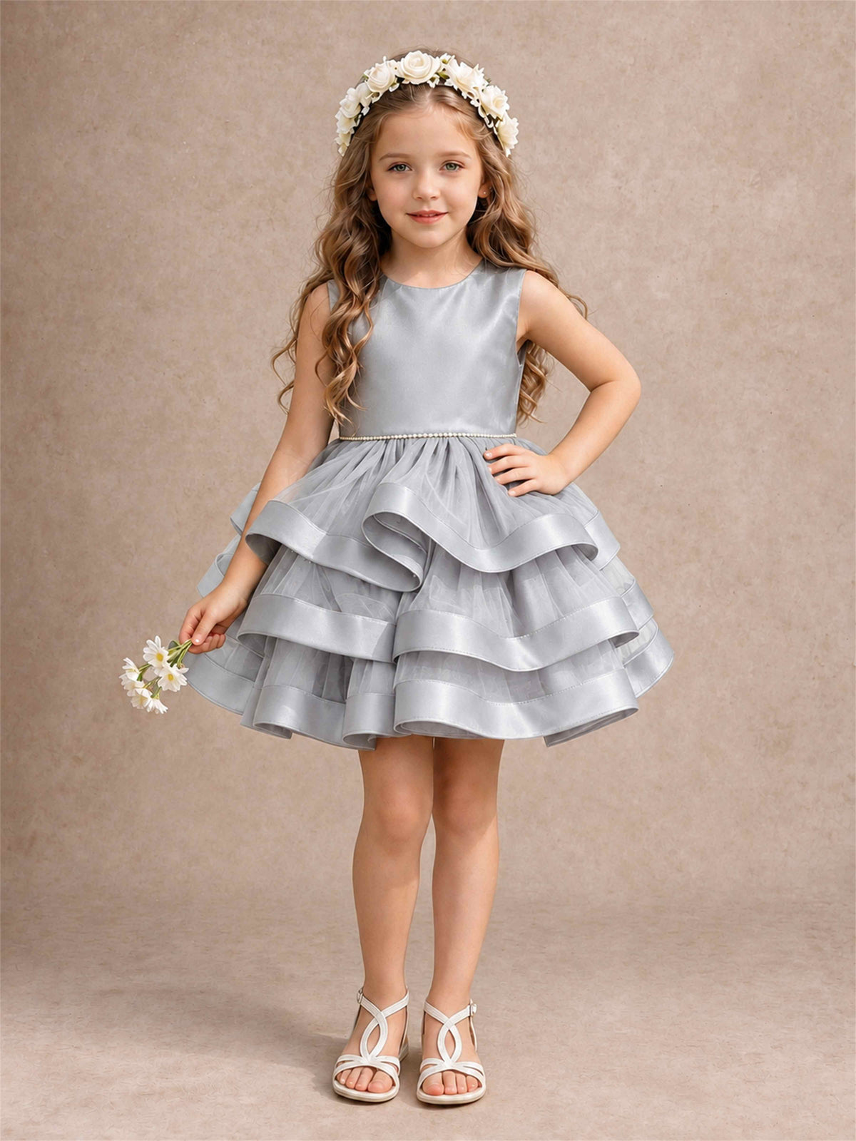 Satin Tulle Flower Girl Dress Tiered Ruffle Skirt Pearl Waist Back Bow Wedding Gown