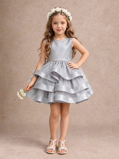 Satin Tulle Flower Girl Dress Tiered Ruffle Skirt Pearl Waist Back Bow Wedding Gown