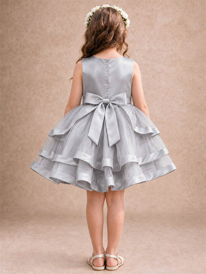 Satin Tulle Flower Girl Dress Tiered Ruffle Skirt Pearl Waist Back Bow Wedding Gown