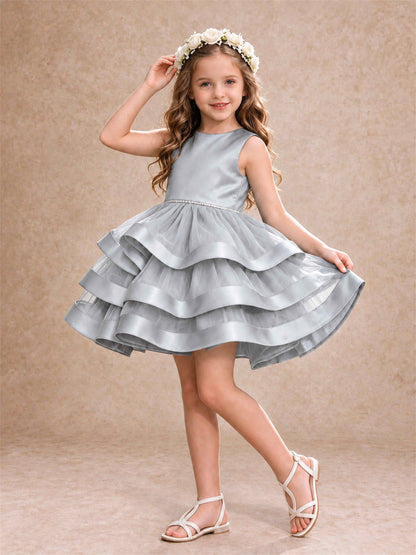 Satin Tulle Flower Girl Dress Tiered Ruffle Skirt Pearl Waist Back Bow Wedding Gown