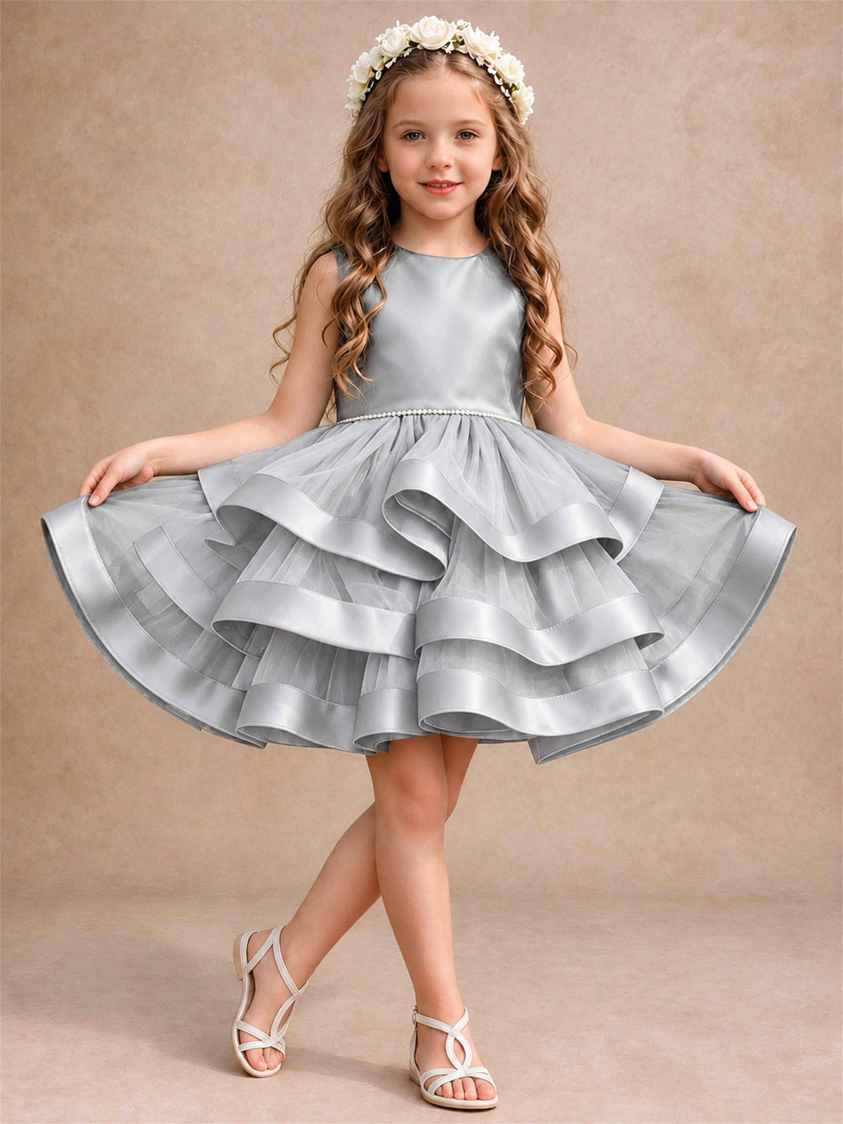 Satin Tulle Flower Girl Dress Tiered Ruffle Skirt Pearl Waist Back Bow Wedding Gown
