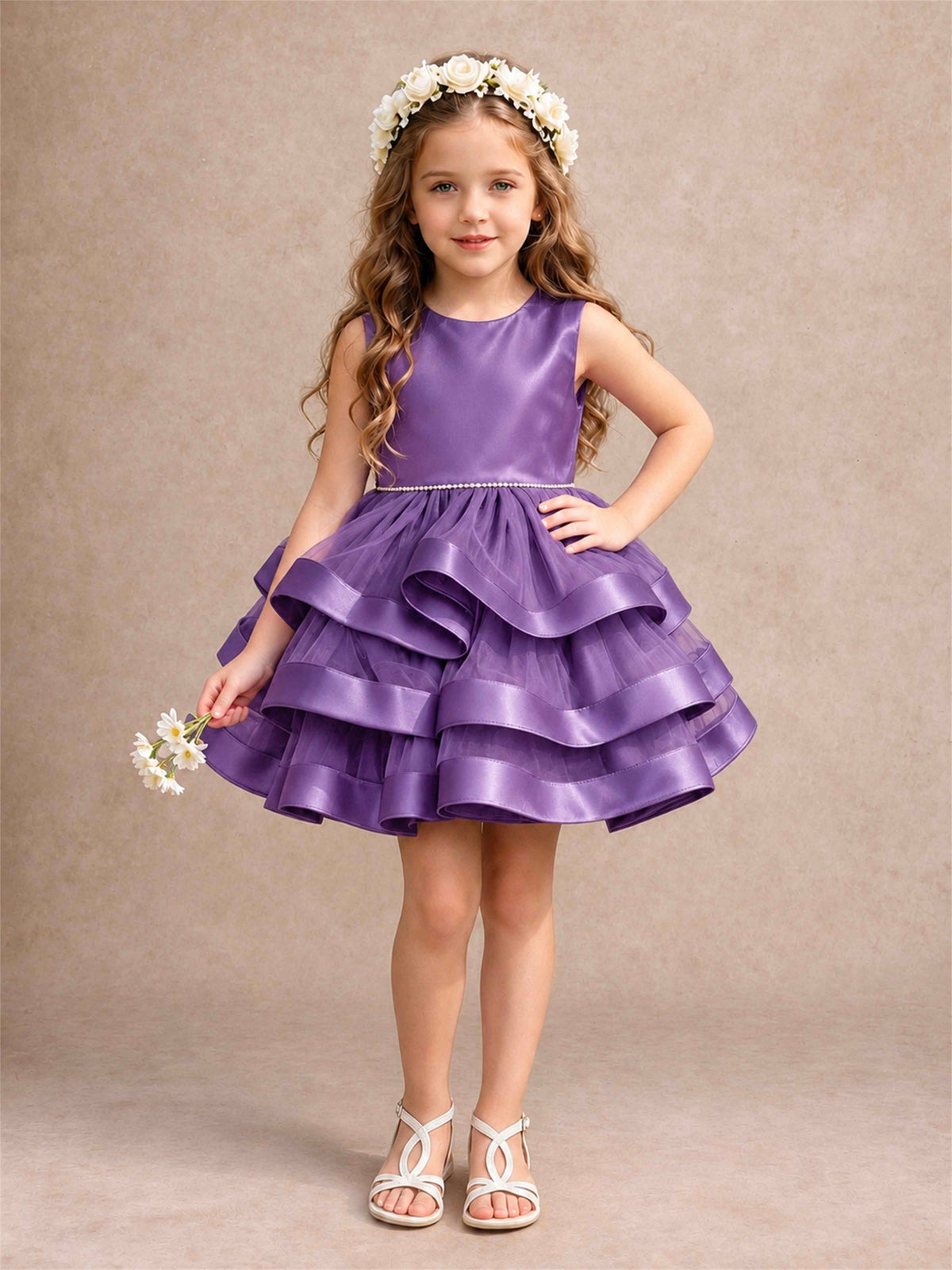 Satin Tulle Flower Girl Dress Tiered Ruffle Skirt Pearl Waist Back Bow Wedding Gown