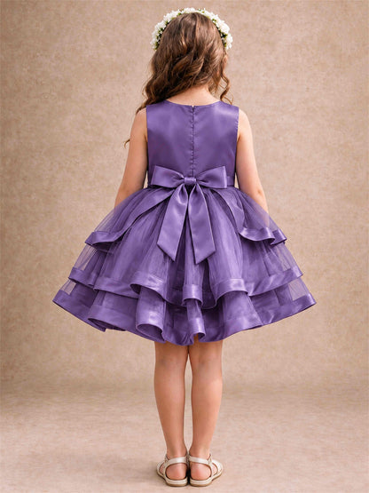 Satin Tulle Flower Girl Dress Tiered Ruffle Skirt Pearl Waist Back Bow Wedding Gown