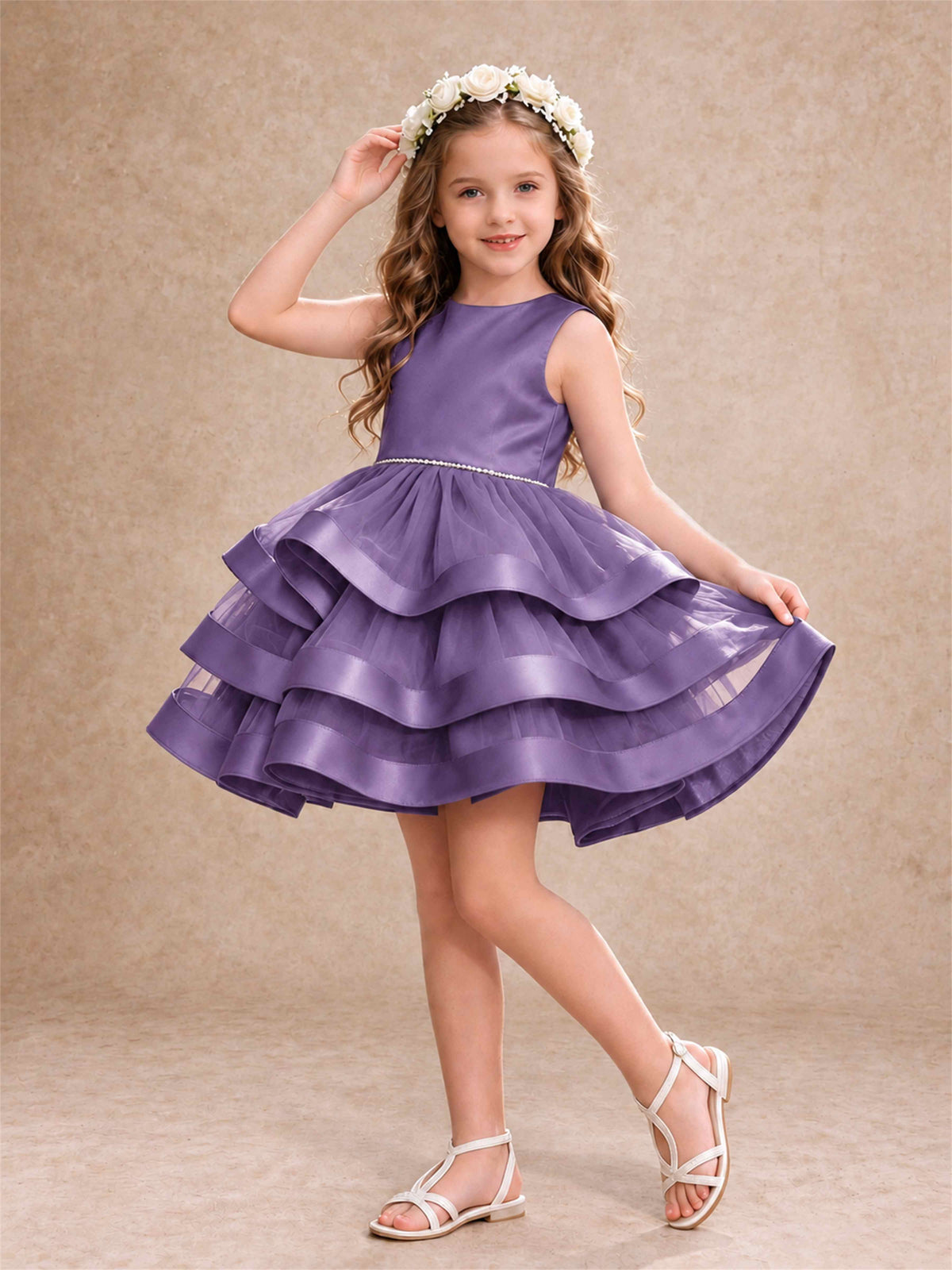 Satin Tulle Flower Girl Dress Tiered Ruffle Skirt Pearl Waist Back Bow Wedding Gown