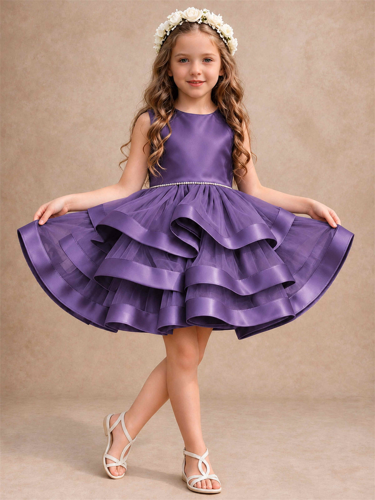 Satin Tulle Flower Girl Dress Tiered Ruffle Skirt Pearl Waist Back Bow Wedding Gown