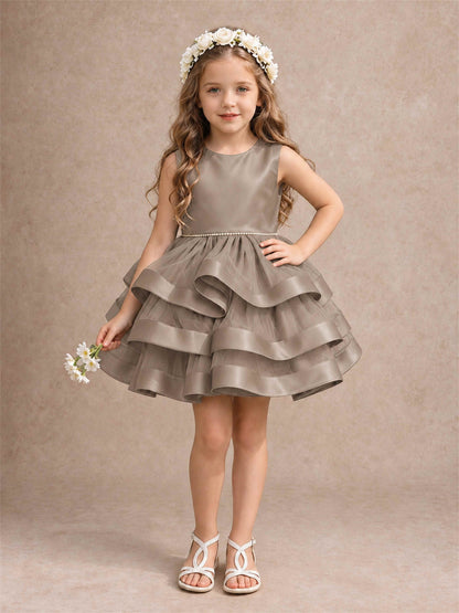 Satin Tulle Flower Girl Dress Tiered Ruffle Skirt Pearl Waist Back Bow Wedding Gown