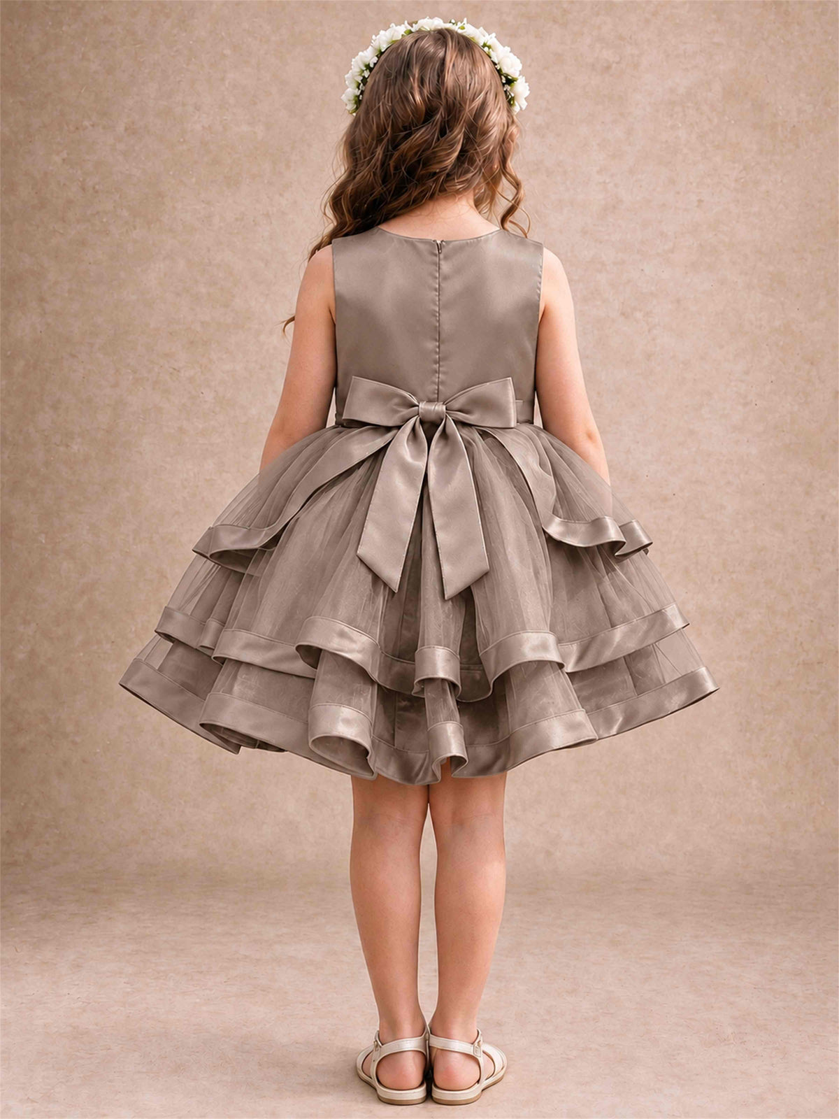 Satin Tulle Flower Girl Dress Tiered Ruffle Skirt Pearl Waist Back Bow Wedding Gown